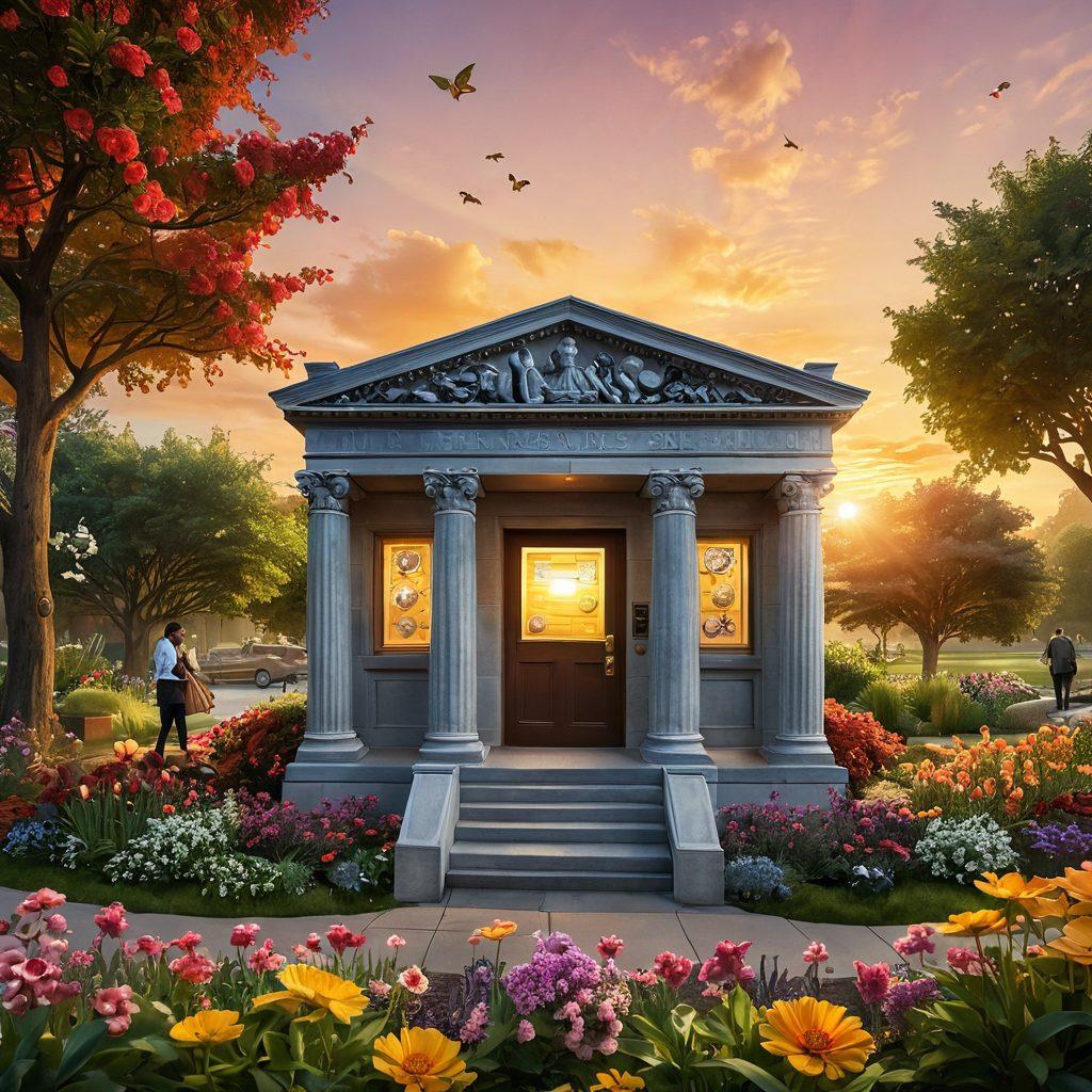 A visually engaging representation of a bank transitioning into a flourishing garden filled with symbolic financial elements like coins and dollar signs evolving into blooming flowers. In the background, a warm sunrise symbolizes economic growth and hope. Include a diverse group of people engaging joyfully in the garden, showcasing the affection tied to investing. vibrant colors. super-realistic.