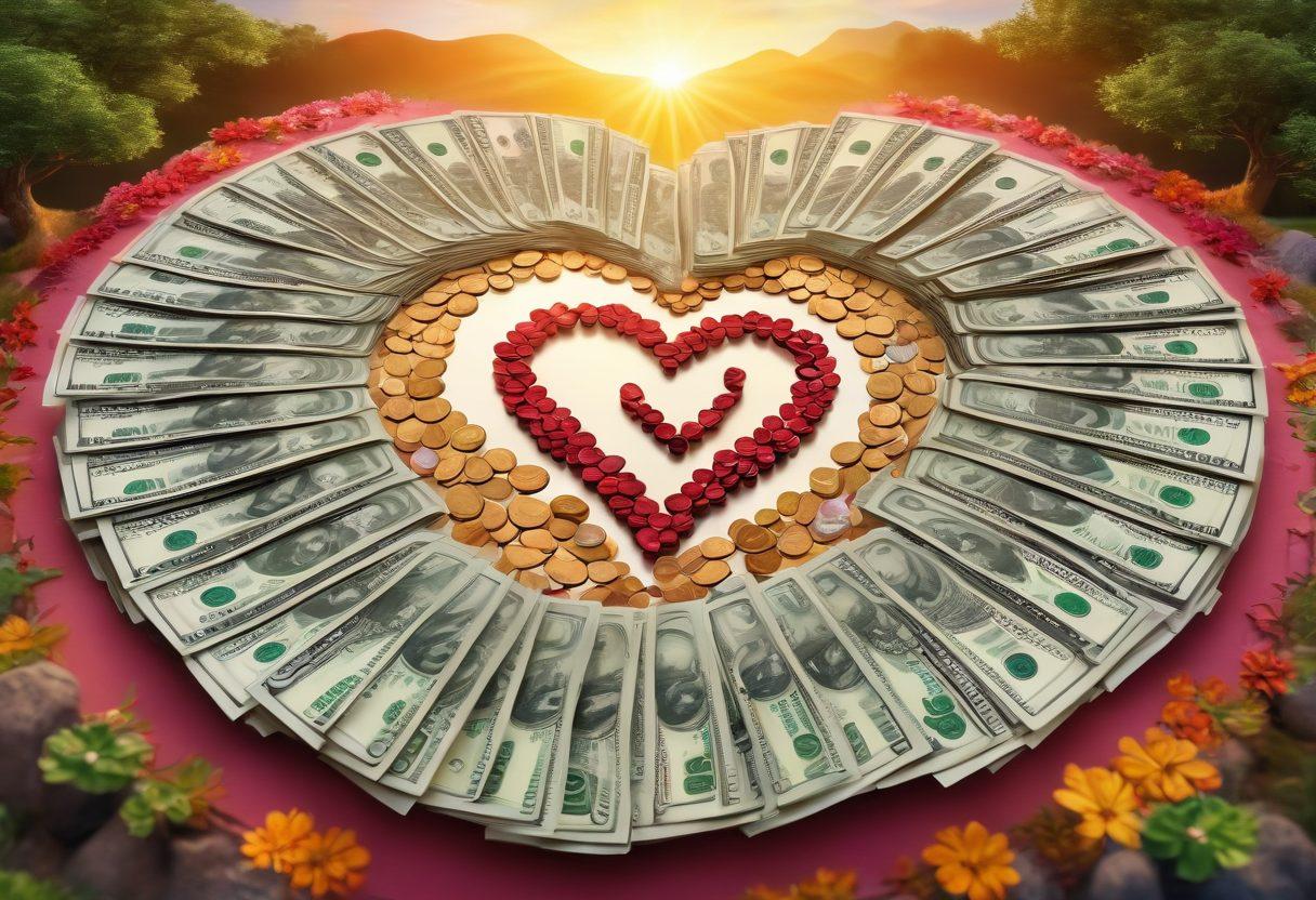 A heart symbol intertwined with dollar bills and coins, radiating warmth and positivity. Surrounding the heart are diverse people of different ages and ethnicities, sharing financial wisdom and joy. In the background, a scenic village symbolizes growth, prosperity, and community support. Bright, inspiring colors create a sense of harmony and success. vibrant colors. super-realistic.